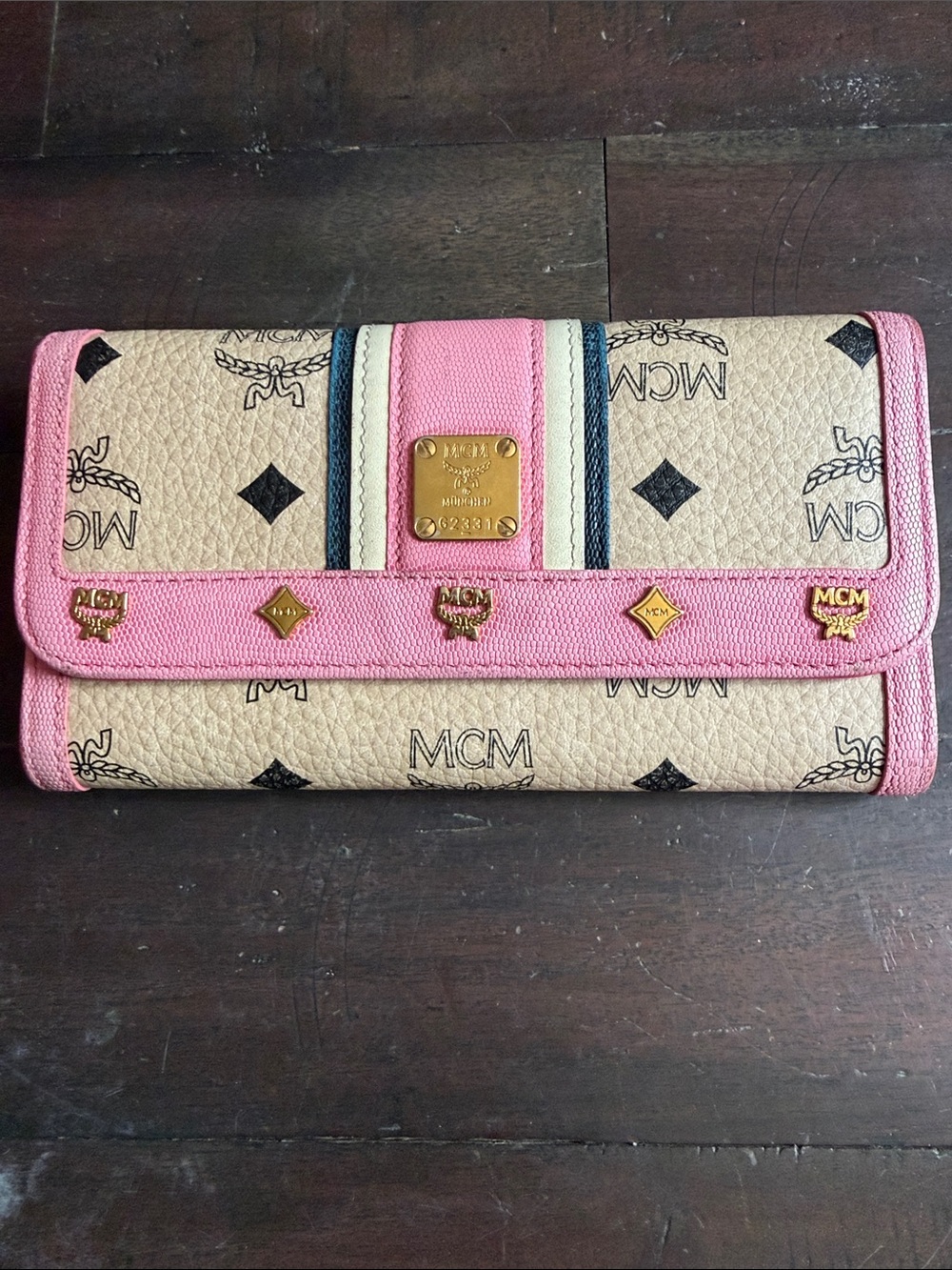 MCM Beige Monogram Continental Wallet with Pink Trim and Gold Accents